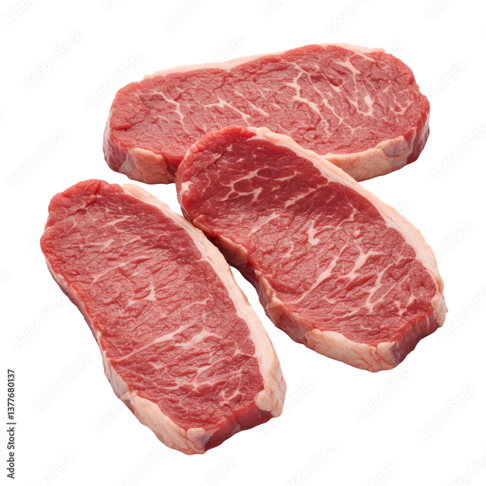 Three Pieces of Raw Red Beef Steaks on Transparent Background Three Pieces of Raw Red Beef Steaks on Transparent Background