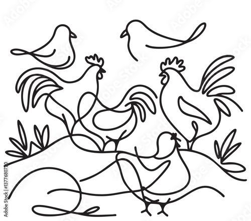 Chickens hand drawn illustration. Doodles, Black and White, art