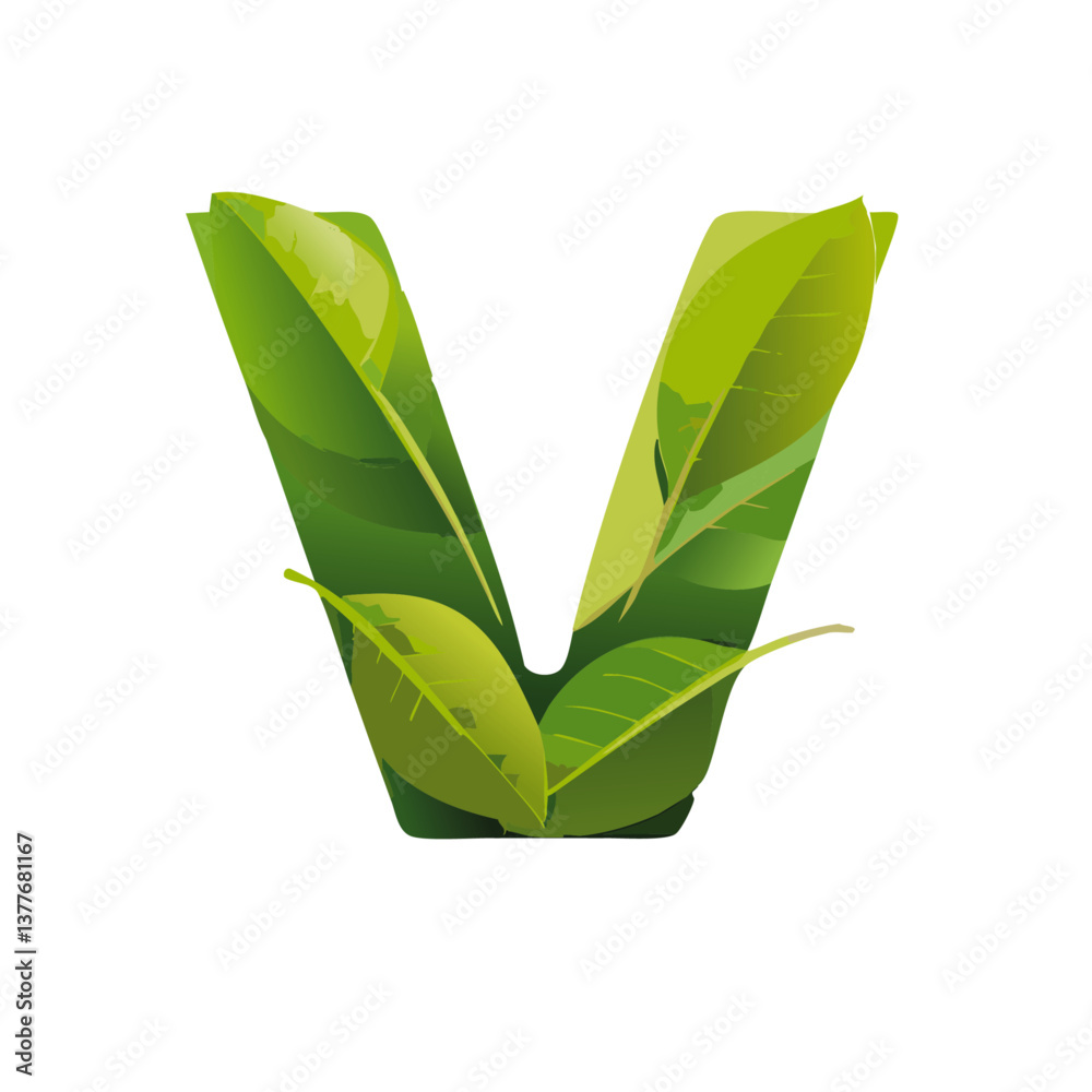 green Letter vector V with leaves eco icon logo design