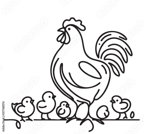 Continuous line art or One Line drawing of chicken for vector illustration, Rooster with chickens