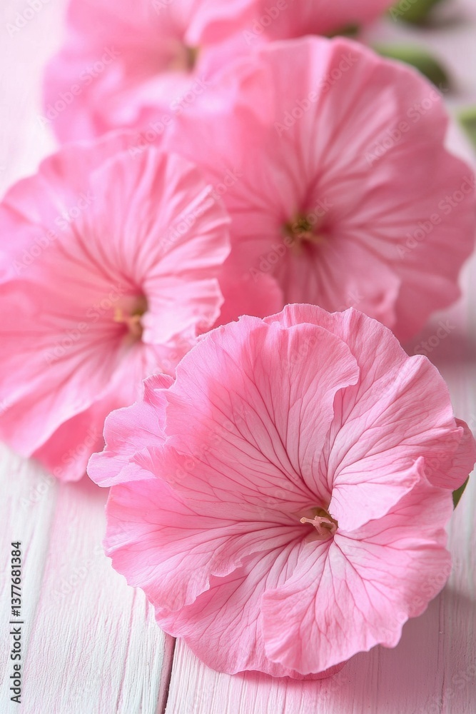 Fototapeta premium Delicate pink geranium blossoms on light pink wooden surface in soft focus capturing floral beauty and serene mood