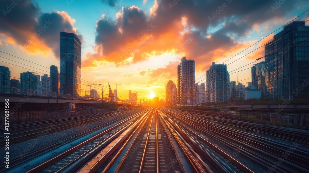 Fototapeta premium Bright sunset illuminates the skyline of a city, casting vibrant colors across the clouds. Railway tracks extend into the horizon, capturing the essence of urban life as day turns to night