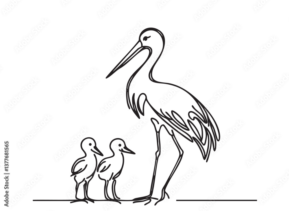 Obraz premium Storks drawing sketch with baby stork