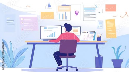 Entrepreneur at a desk analyzing a business plan with charts, documents, and a laptop