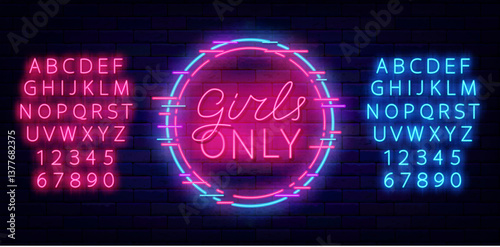 Girls only neon label. Ladies night signboard. Free enter for female. Vector stock illustration