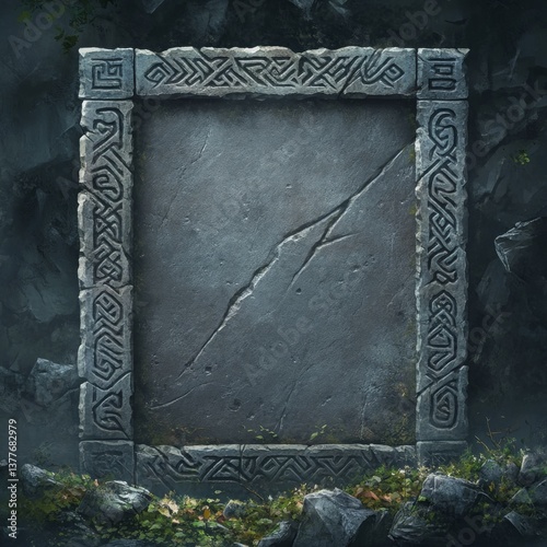 Ancient stone tablet framed by intricate carvings, surrounded by moss and rocky terrain, evoking a mystical and historical ambiance in a serene landscape.