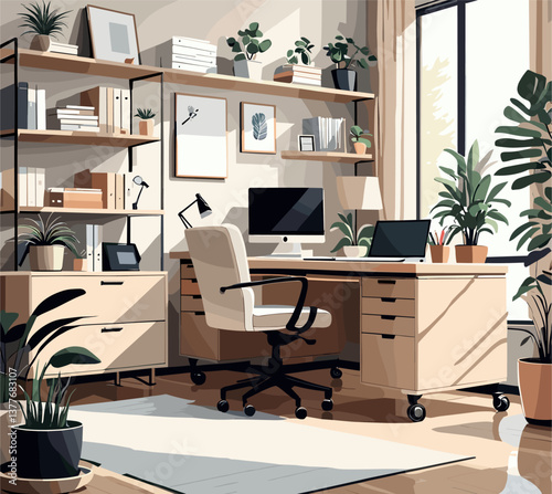 A modern office with a desk, chair, computer monitor, and potted plants. The room is well-lit and organized, with a sense of calm and productivity