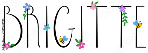 Bild auf Leinwand Brigitte- black color with spring flowers and bees - name written - ideal for we