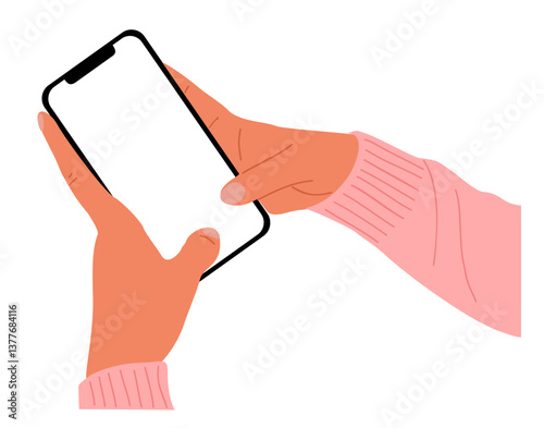 Hands holding smart phone with finger touching blank screen. Mockup of mobile phone with copy space. Flat vector realistic illustration isolated