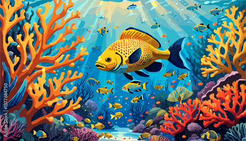 Underwater vector background, banner. Life at sea or ocean bottom. Exotic undersea world with coral reef, colorful fish, cute underwater creatures. Marine landscape, seascape