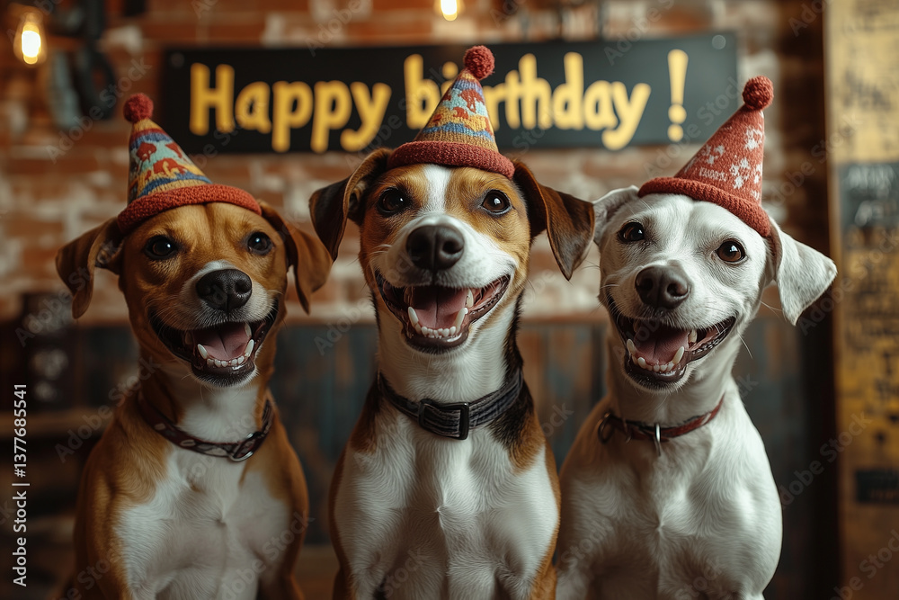 Trzy psy rasy Jack Russell terrier w czapeczkach i napis Happy Birthday