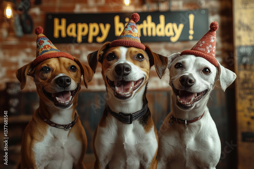 Obraz na płótnie Trzy psy rasy Jack Russell terrier w czapeczkach i napis Happy Birthday w salonie