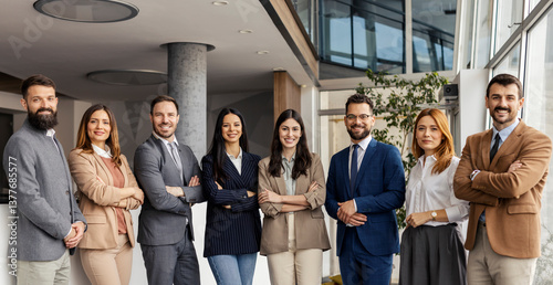 Canvas Print Group of professional successful team of leaders standing at corporate firm and smiling at camera