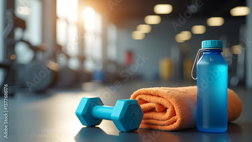 fitness and workout concept with dumbbells, bottle of water and towel on the floor, gym and training equipments background