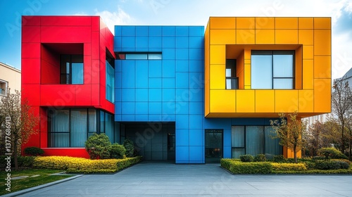 Colorful modern house facade, sunny day, residential area background