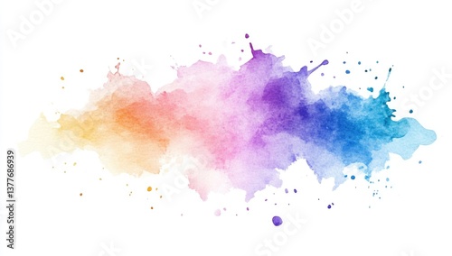 Vibrant watercolor splatter art. Abstract, colorful, and dynamic painted blotches create a joyful and harmonious composition