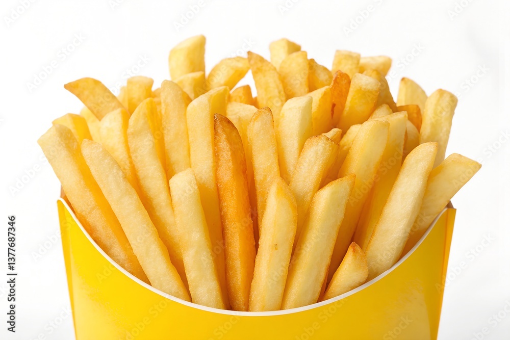 Golden French Fries in Yellow Container Isolated on White. Crispy Fast Food Snack Perfect for Menus, Takeout Promotions, Junk Food Concepts, and Advertising Golden French Fries in Yellow Container Isolated on White. Crispy Fast Food Snack Perfect for Menus, Takeout Promotions, Junk Food Concepts, and Advertising