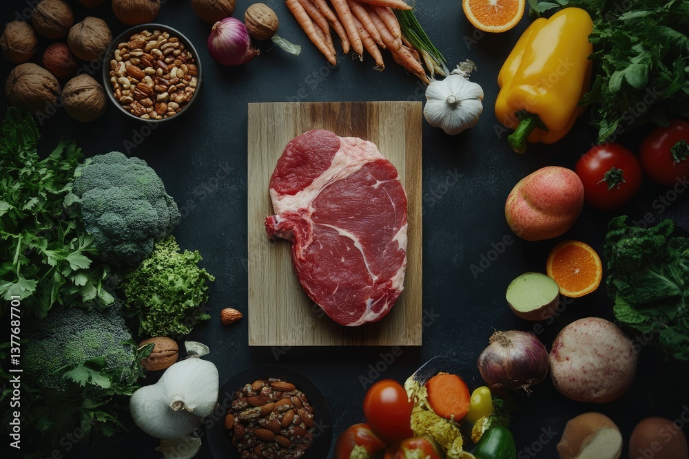 Fresh raw steak surrounded by colorful fruits and vegetables. A healthy balanced meal concept Fresh raw steak surrounded by colorful fruits and vegetables. A healthy balanced meal concept