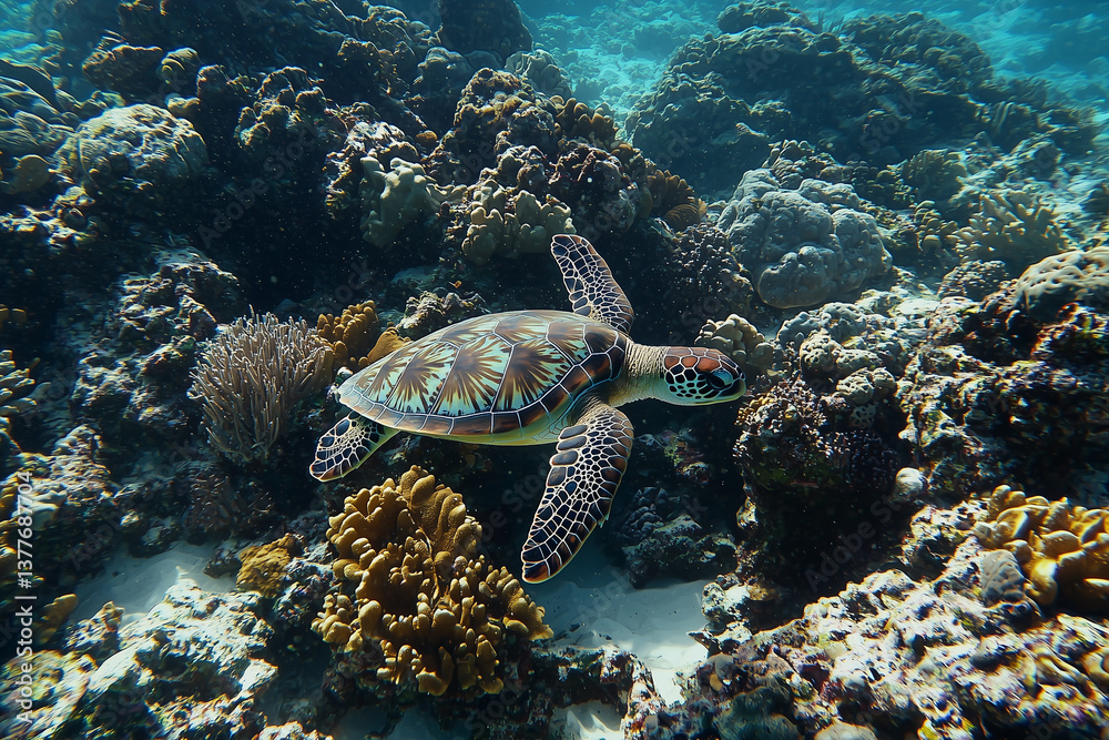 Sea turtle swims under water on the background of coral reefs. Maldives Indian Ocean coral reef. Sea turtle swims under water on the background of coral reefs. Maldives Indian Ocean coral reef.