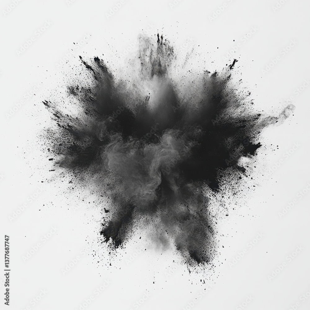 Dramatic burst of black powder explosion on white background creating a dynamic and abstract composition for artistic design Dramatic burst of black powder explosion on white background creating a dynamic and abstract composition for artistic design