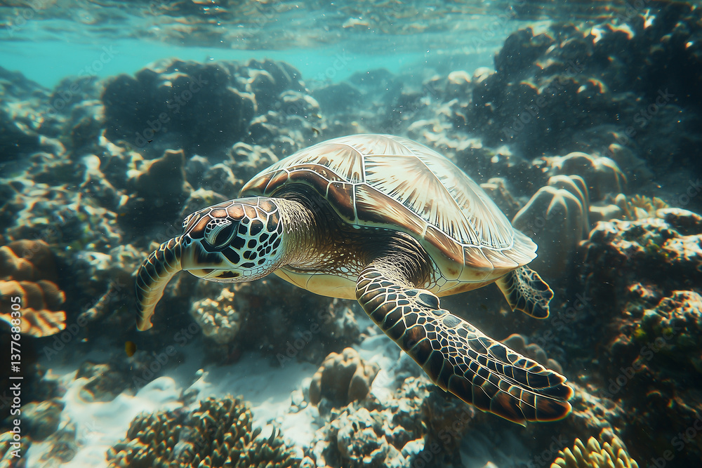 Obraz premium Sea turtle swims under water on the background of coral reefs. Maldives Indian Ocean coral reef. 