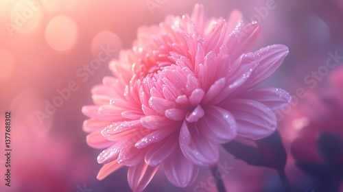 Radiant Pink Chrysanthemum Flower with Water Droplets in Dreamy Soft Focus