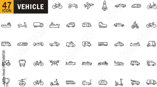 Vehicle Editable Outline Icon Set . Vehicle, car, truck, motorcycle, bicycle, scooter, airplane, ship and more.