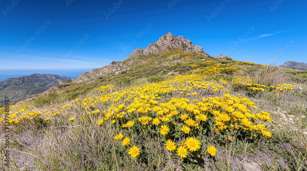 Fototapeta premium A sunny hillside covered in yellow daisies,