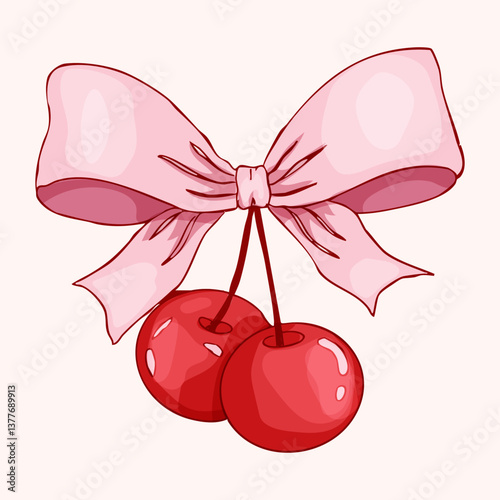 Cherry with bow coquette girly fruit, tie ribbon sketchy doodle drawing, y2k retro aesthetic. Whimsical cute cherry. 