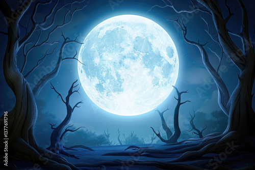 Glowing full moon rises over a haunted forest of twisted barren trees, evoking eerie nighttime mystery. 