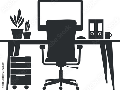Silhouette of a modern office workspace with desk, chair, computer, and plants.