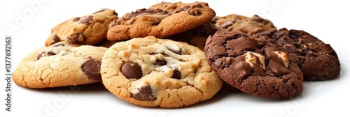 Delicious Assortment of Freshly Baked Cookies with Chocolate Chips on a White Background