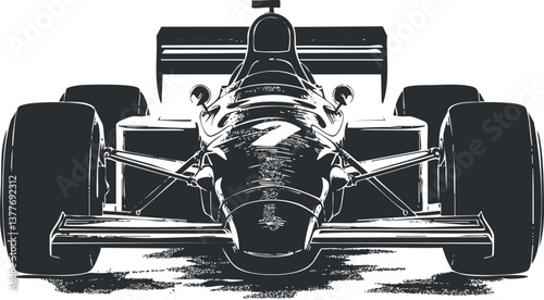 Black and white illustration of a formula racecar from a front view highlighting aerodynamic design.
