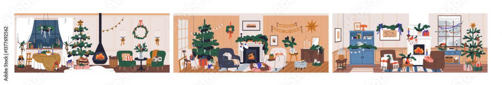 Fototapeta premium Christmas living rooms with fireplace, set. Home interiors with Xmas tree, festive decoration, adornment. Cozy apartments with fireside, decorated for winter holiday. Flat vector illustrations