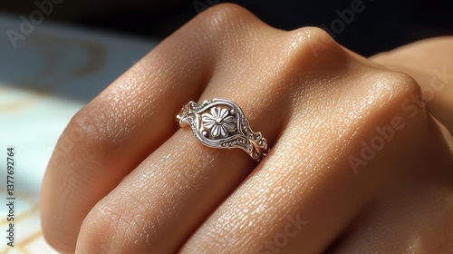 Bold signet ring with floral engraving showcased on woman's relaxed hand