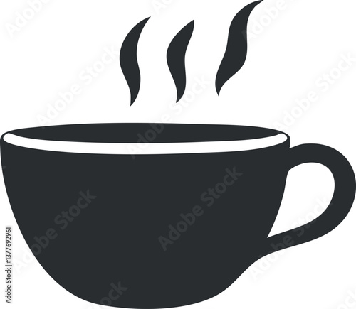 Silhouette of a steaming coffee cup icon, ideal for beverage branding or graphic designs.