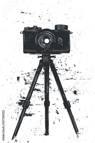 Silhouette of a vintage camera on a tripod with a textured, artistic black and white design.