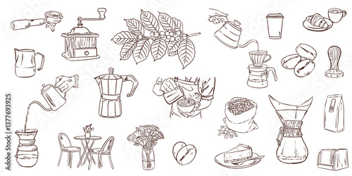 Set of hand drawn illustrations on the theme of coffee and coffee shop. Hand drawn vector illustrations in ink. Collection for invitations, posters, posters.