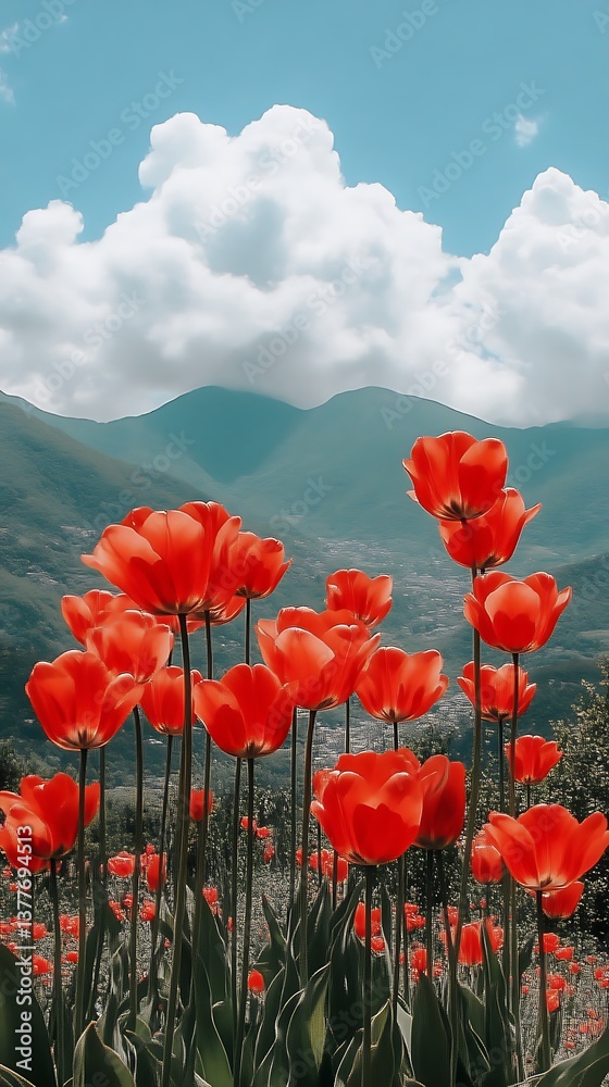 Fototapeta premium Vibrant Red Tulips Blooming Against Mountain Backdrop Under Cloudy Sky