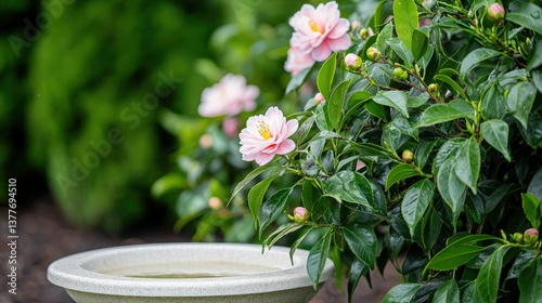 A peaceful garden with a birdbath and blooming camellias,