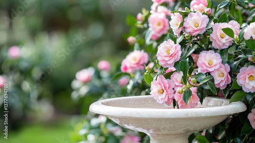 A peaceful garden with a birdbath and blooming camellias,