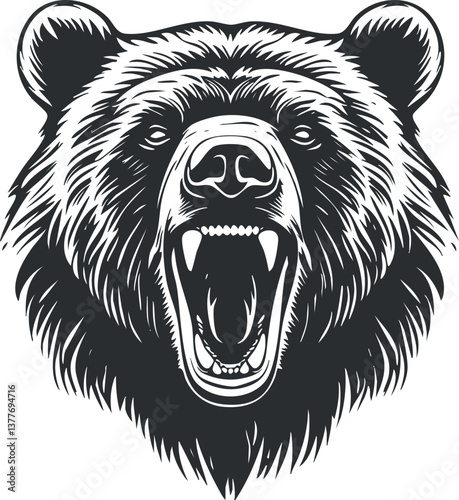 Black and white illustration of a roaring bear head, emphasizing its fierce and wild nature.