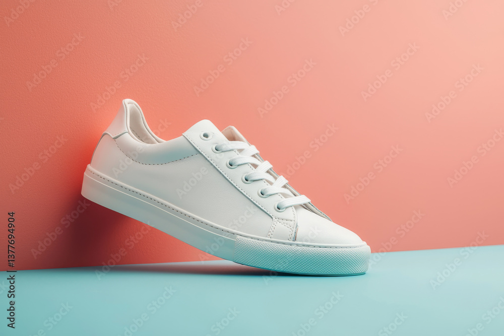 Stylish white sneaker on bright background with pastel colors, Fashionable sport shoe with colorful backdrop, Studio shot of shoes for shop advertisement, creative minimalist style