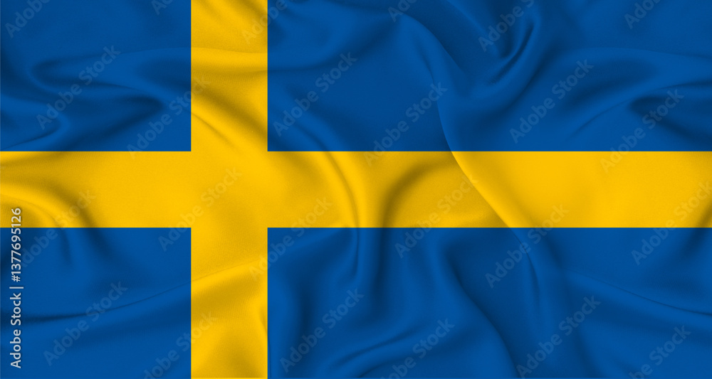 Realistic Sweden flag waving. Close up of flag of Sweden with cloth texture Realistic Sweden flag waving. Close up of flag of Sweden with cloth texture