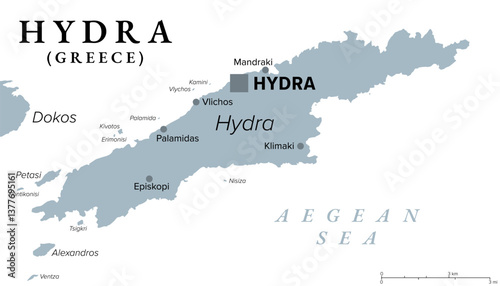 Hydra, Greek island, gray political map. One of the Saronic Islands of Greece in the Aegean Sea. Also Ydra or Idra, and in antiquity Hydrea, Greek word for water, as reference to its natural springs.