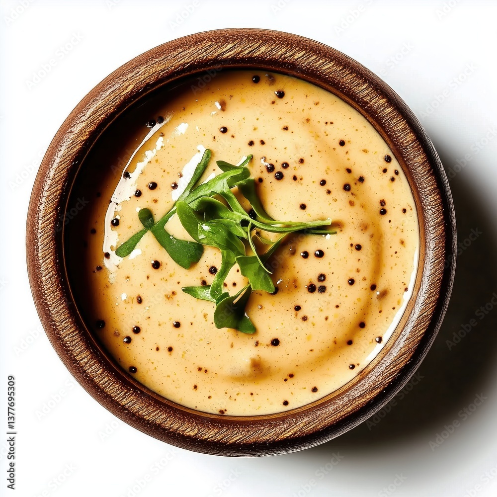Dreamy Creamy Mustard Sauce in Rustic Bowl Garnished with Fresh Greens Dreamy Creamy Mustard Sauce in Rustic Bowl Garnished with Fresh Greens