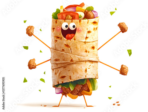 Cute cartoon character Mr Wrap is happily displaying a loaded burrito in a playful atmosphere
