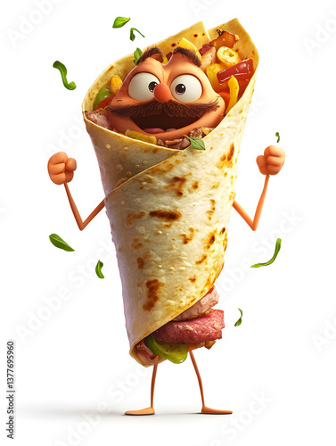 A cheerful burrito character with big eyes, a mustache, and open arms. A fun and creative food mascot with vibrant ingredients on a white background