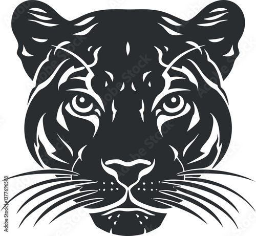 Monochrome silhouette illustration of a tiger's face with intricate stripe patterns and sharp features.