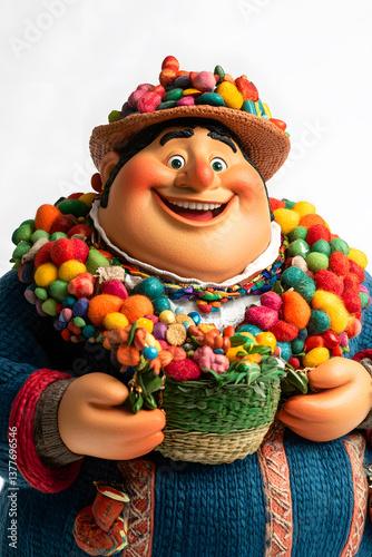 Carnaval character adorned with flowers and baskets, spreading joy during Cajamarca celebrations